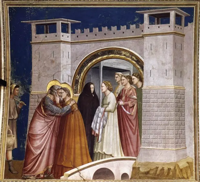 <p>Giotto. <em>Incontro alla Porta d'oro.</em> 1305. Affresco. Padova, Cappella Scrovegni.</p>
