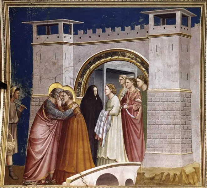 <p>Giotto. <em>Incontro alla Porta d'oro.</em> 1305. Affresco. Padova, Cappella Scrovegni.</p>
