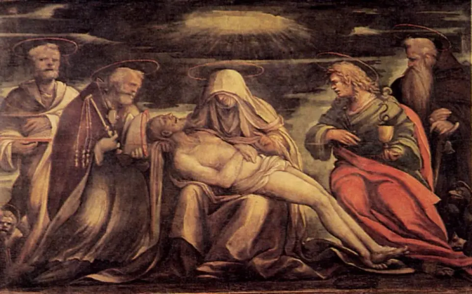 <p>Amico Aspertini. Pietà e Santi. 1519 ca., tempera su tela, cm. 181 X 266. Bologna, San Petronio</p>

